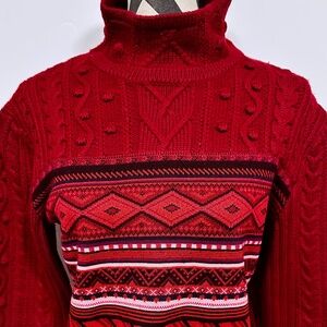 Vintage Women Merino Wool Red Cable Knit Nordic Print Fitted Sweater Designer